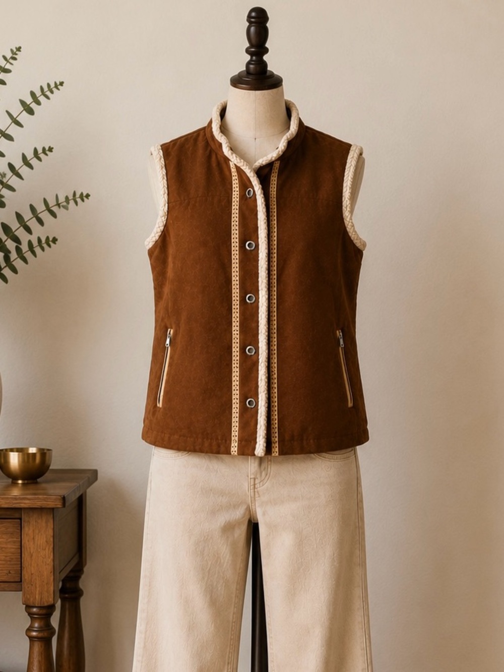Vintage Westerncore Brown Sherpa Faux Suede Vest Made in Canada Women's M/L
